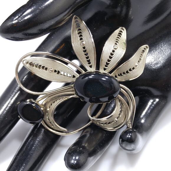 Western Germany Black & Silver Floral Brooch, Black Glass Cabochons, 1950s - Picture 7 of 10